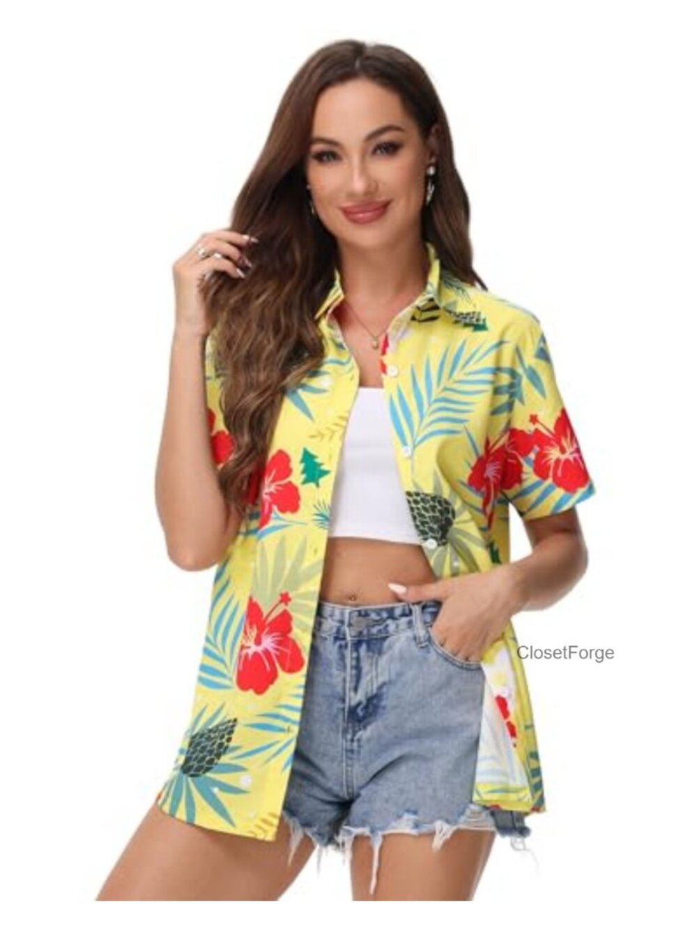 Women's Hawaiian Button Down Floral Short Sleeve 100% Polyester Shirt